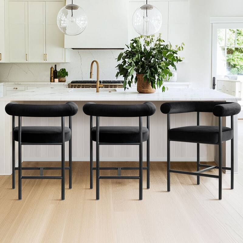 Modern 24" Upholstered Velvet Solid Back Counter Stool with Arms