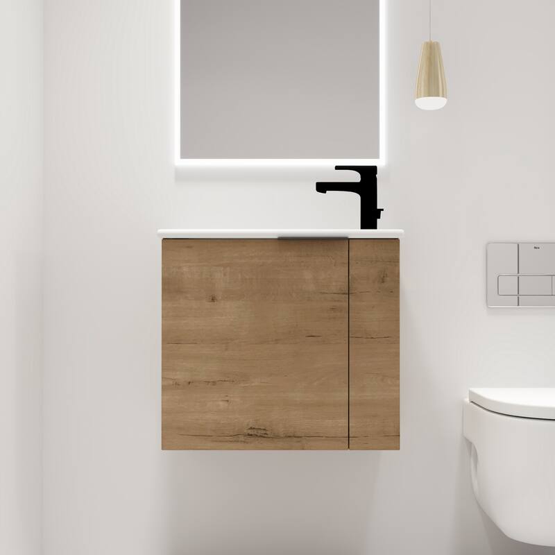 Malwee 22" Floating Bathroom Vanity, Mini Wall Mounted Bathroom Vanity, Single with Ceramic Top and Soft Close Door - Brown