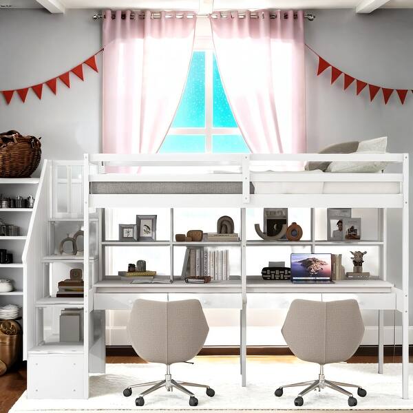 slide 2 of 9, Twin Loft Bed With Double Desk&Shelves, Easy To Assemble White