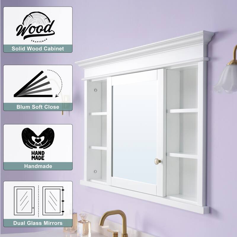 32''H Recessed Mount Solid Wood Framed Medicine Cabinet With Mirror And Shelves