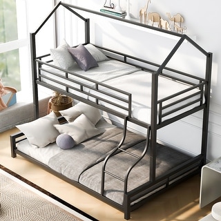 Contemporary Design Metal House Bunk Bed with Roof, Safety and Convenience, Twin over Full, Black