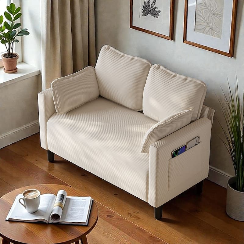 48" Corduroy Loveseat Sofa with Side Storage Pocket, 2-Seater Couch, Solid Wood Frame for Apartment