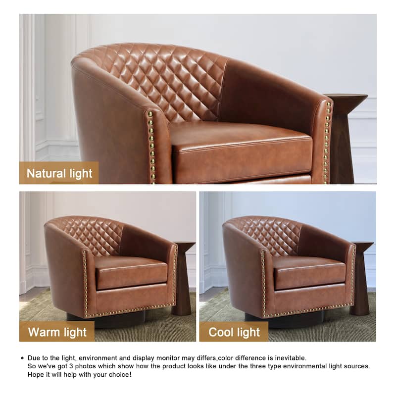 Tufted PU Vegan Leather Swivel Barrel Chair with Nailheads Trim