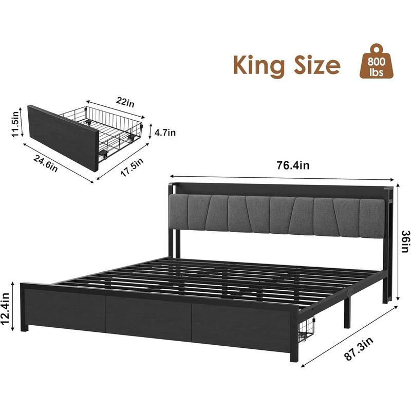 Bed Frame with Storage Headboard, Industrial Platform Bed with 2 Large Drawers and Charging Station, Black