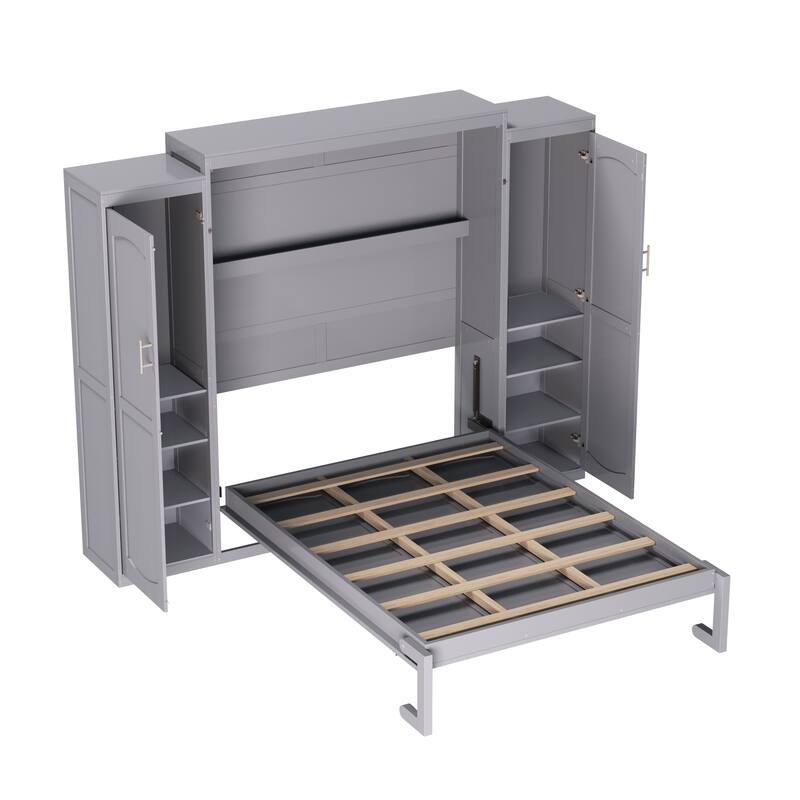 Space-Saving Full Size Murphy Bed with 2 Wardrobes & Storage Shelf, Foldable Platform Bedframe for Guest Rooms