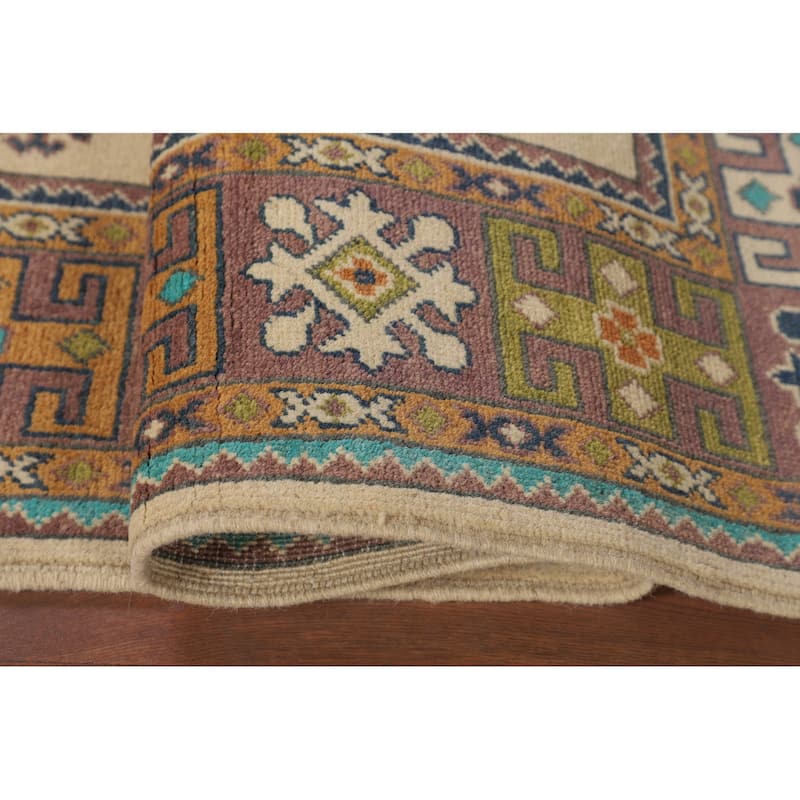 Kazak Foyer Rug Handmade Beige Geometric Wool Carpet - 3'11" x 6'1"