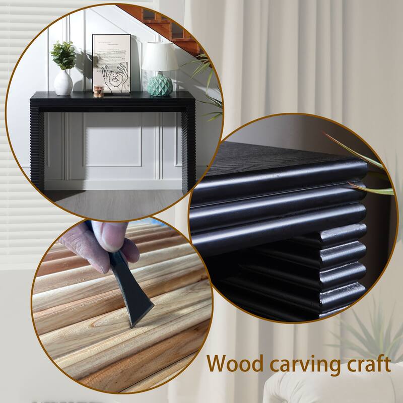 Modern Black Ribbed Design Console Table with Wood Grain Tabletop, Sleek Entryway Table Living Room Accent Table