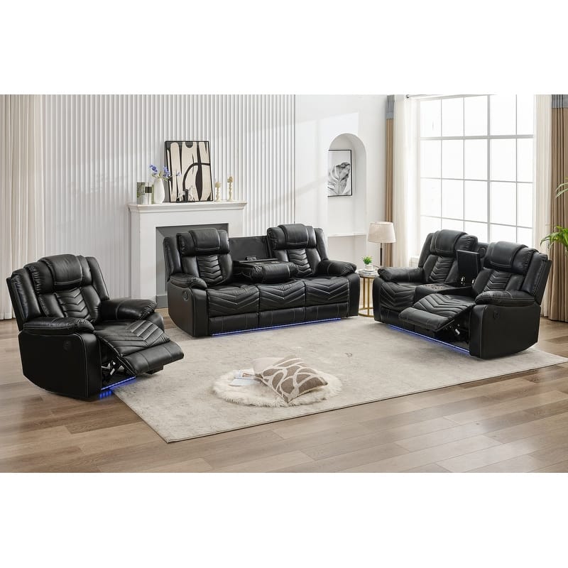Power Recliner Sofa Set 6-Seater with Zero Gravity,Bass Speaker,Wireless Charger,USB/Type-C Ports,LED Lights,Cup Holders,Gray - Black-3+2+1-Seat