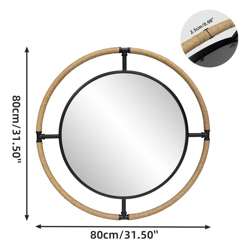 Coastal Rope & Iron Round Wall Mirror Hanging Decor for Living Room - 32"X32"