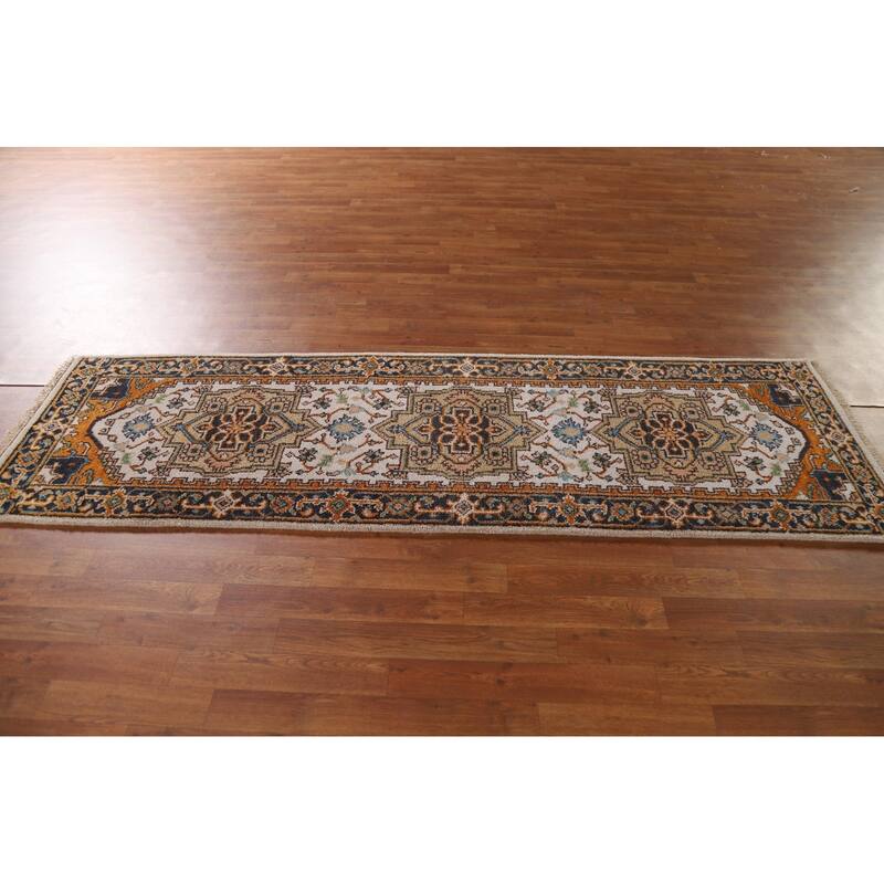 Geometric Beige Heriz Serapi Runner Rug Hand-Knotted Wool Carpet - 2'5"x 8'1"