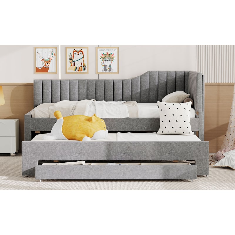 Twin Size Upholstered Daybed with Trundle and Three Drawers, Gray