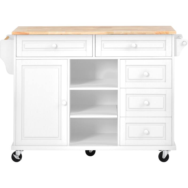 Kitchen Cart With Rubber Wood Desktop Rolling Mobile Kitchen Island With Storage And 5 Draws 53 Inch Length(no include stool)