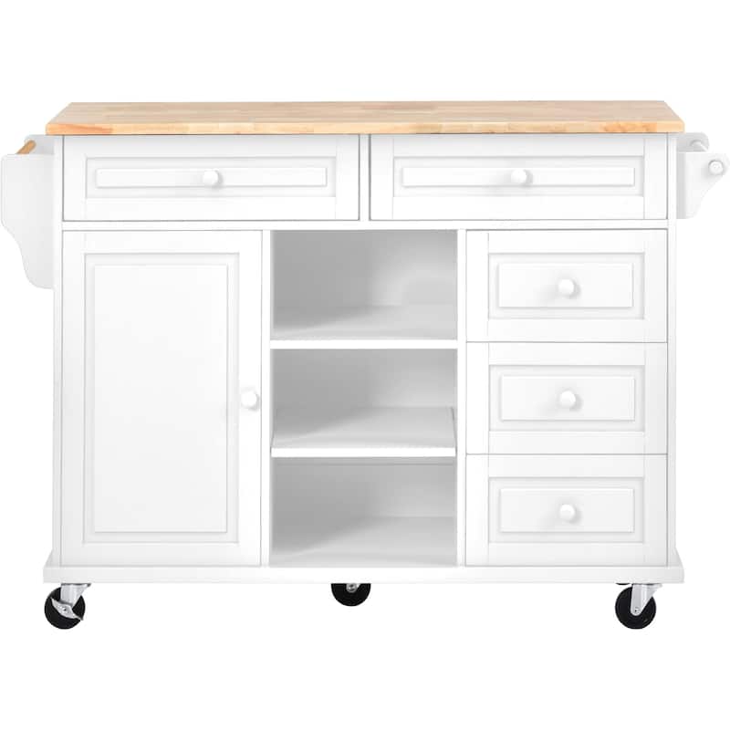 Kitchen Island with on Locking Wheels, Rolling Cart with Rubber Wood Desktop, Mobile Island with 3 Open Shelves & 5 Drawers