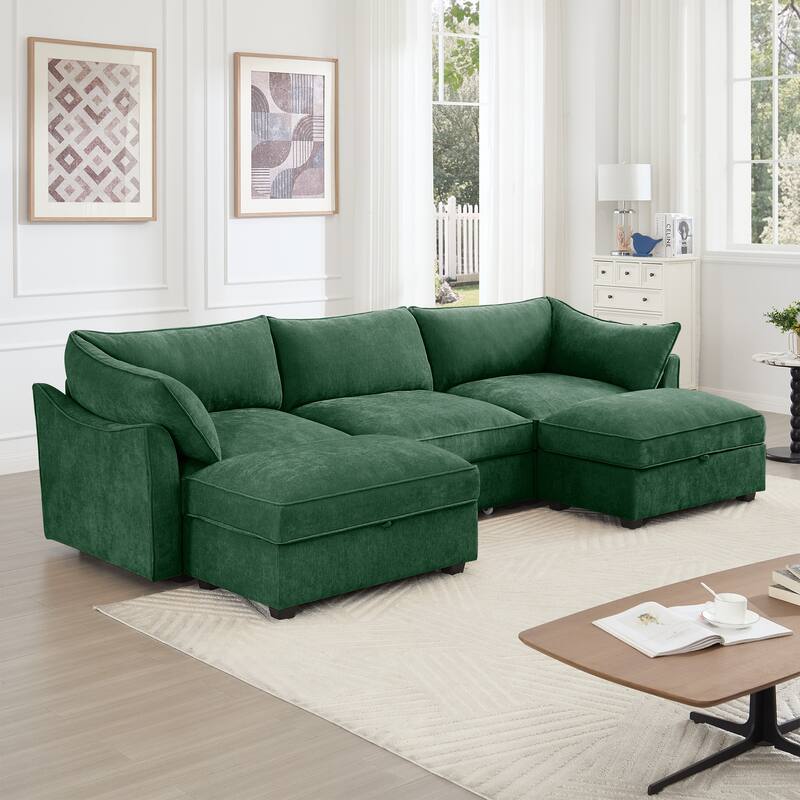 U-Shape 3-Deep Seater Sofa Couch with 2 Movable Storage Ottomans & Pull Out Drawers