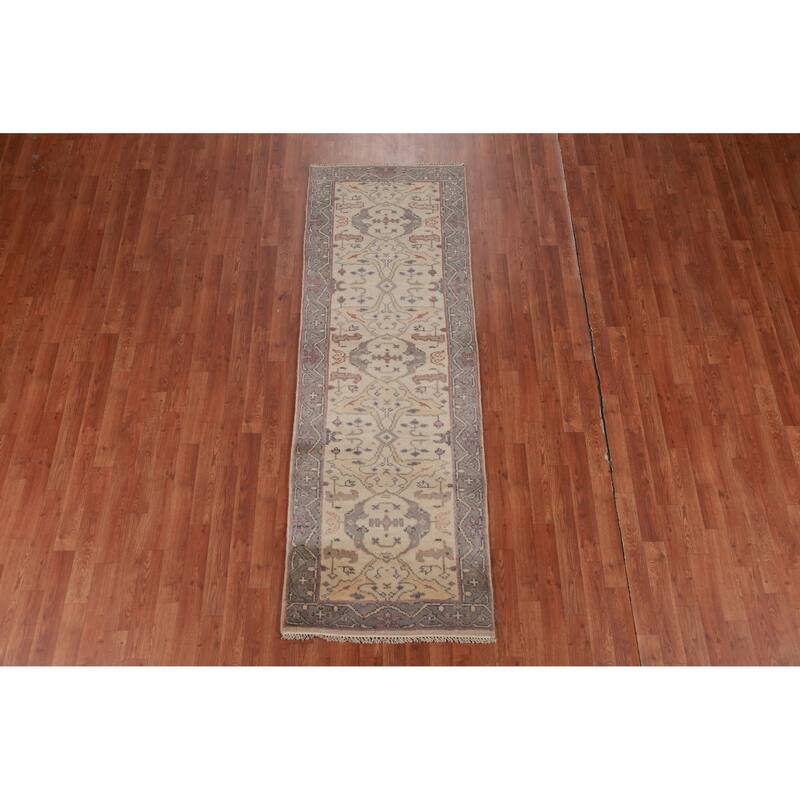 All-Over Beige Oushak Oriental Runner Rug Handmade Wool Carpet - 2'7" x 7'8"