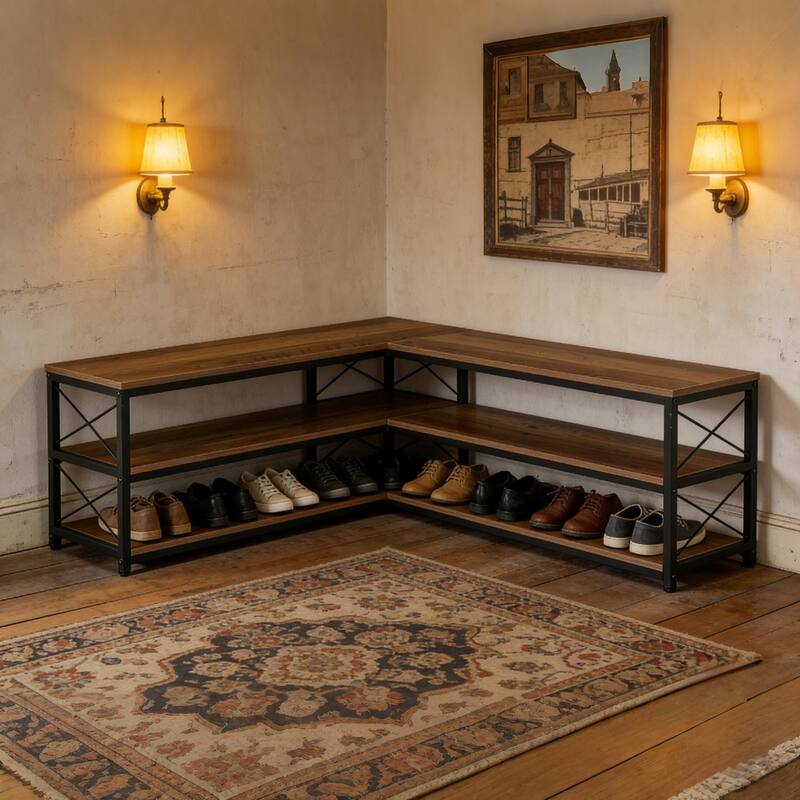 L-Shaped Shoe Rack Bench, 3-Tier Entryway Corner Bench with Shoe Storage