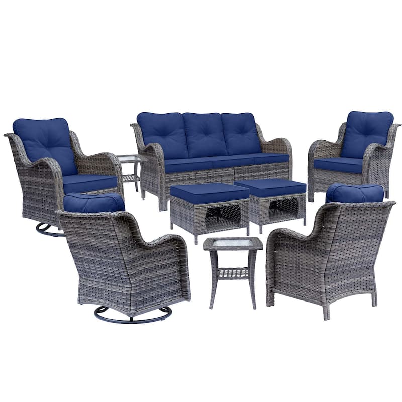 9 Piece Outdoor Wicker Patio Conversation Furniture Swivel Chairs Sets
