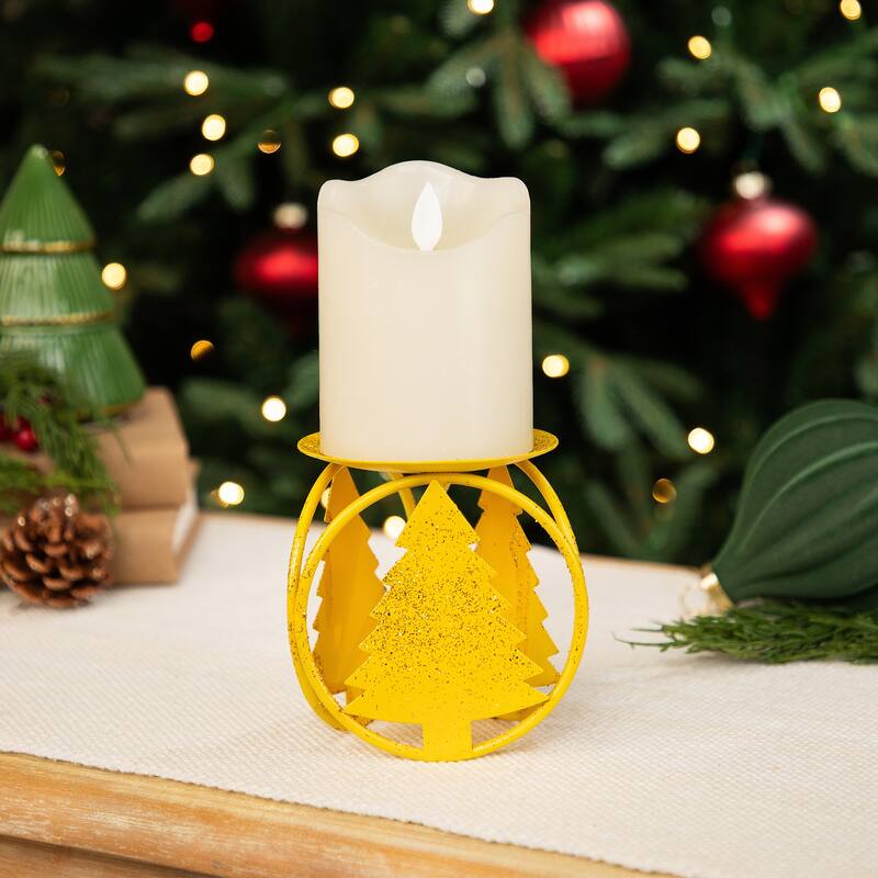 Glittered Metal Christmas Tree Pillar Candle Holders - 4.25" - Set of 4