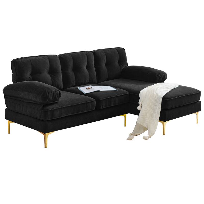 Velvet Sectional Sofas Couches with Pillow Top Arms and Upholstered Backrest, Modern L-Shaped Couches with Metal Legs
