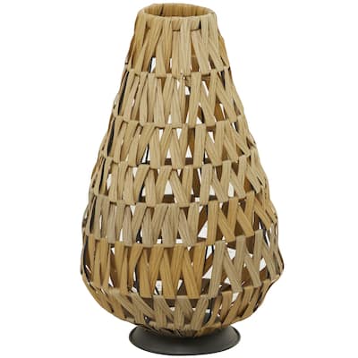 Plastic Rattan Handmade Decorative Indoor Outdoor Candle Lantern with Wrapped Zig Zag Design - Light Brown - Roche River Decor