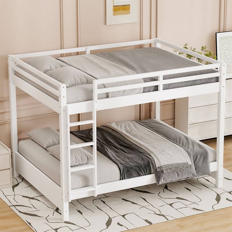 Queen Over Queen Size Bunk Bed with Ladder and Guardrail, Wooden Bunk Bedframe with Slats Support for Kids