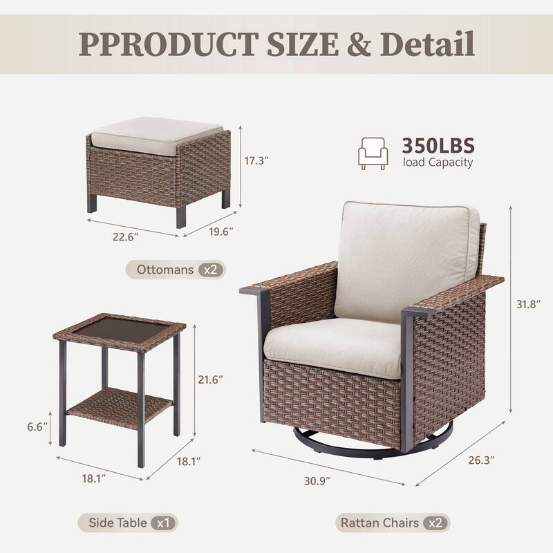 Pocassy Outdoor Wicker 5-Piece Swivel Chair Table with Ottoman