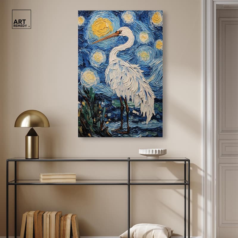 Crane in Starry Night Canvas by Art Remedy, Gallery Wrapped