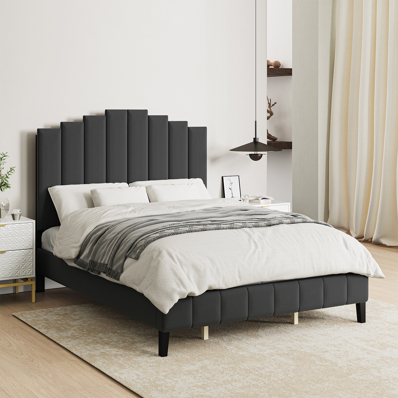 【海外 正規品】 with Bed Platform Upholstered Tufted Sturdy and Legs Center その他