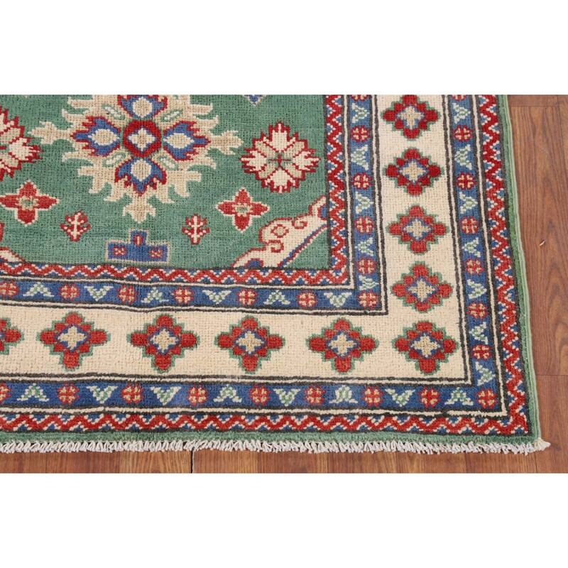 Green Geometric Kazak Foyer Rug Hand-Knotted Wool Carpet - 3'3" x 4'10"