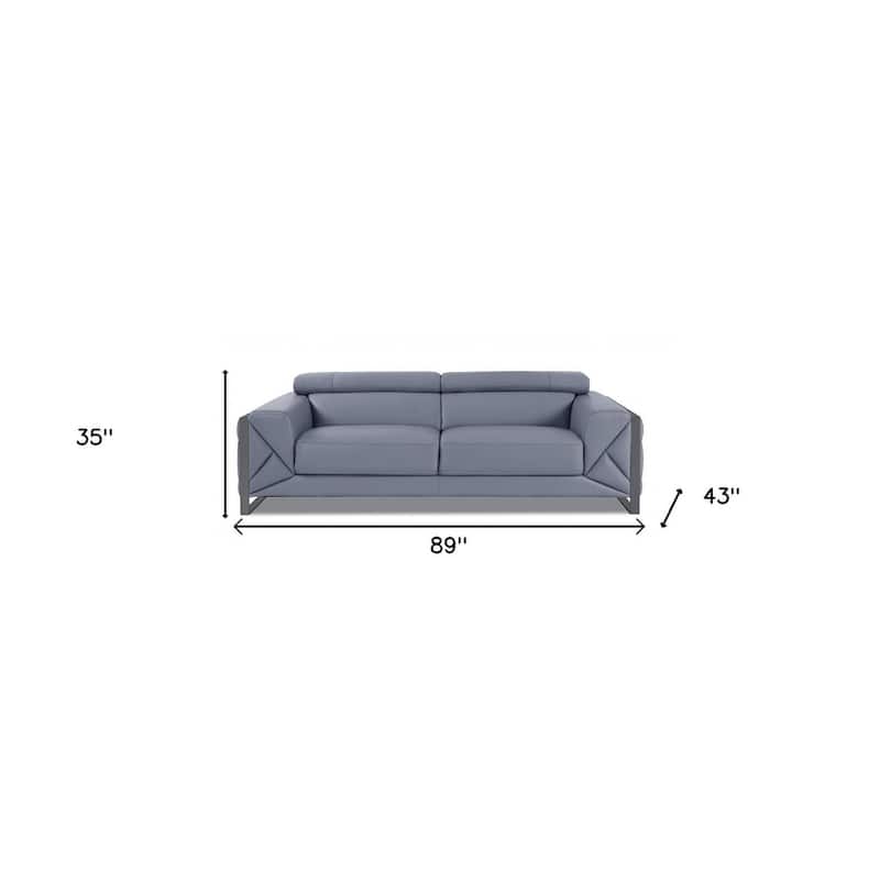 HomeRoots 89" Gray Italian Leather Sofa With Silver Legs - 35" H x 89" W x 43" D