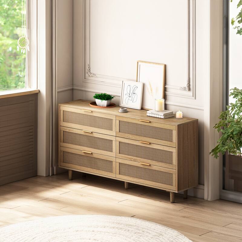 59.06" 6-Drawers Rattan Storage Cabinet Rattan Drawer, for Bedroom, Living Room