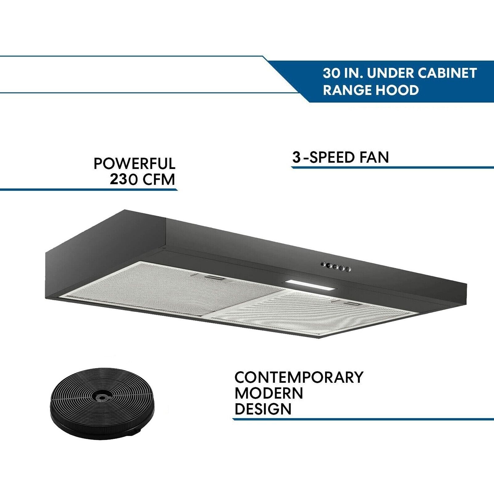30 inch Under Cabinet Range Hood with Carbon Filter LEDs Light Black 230CFM