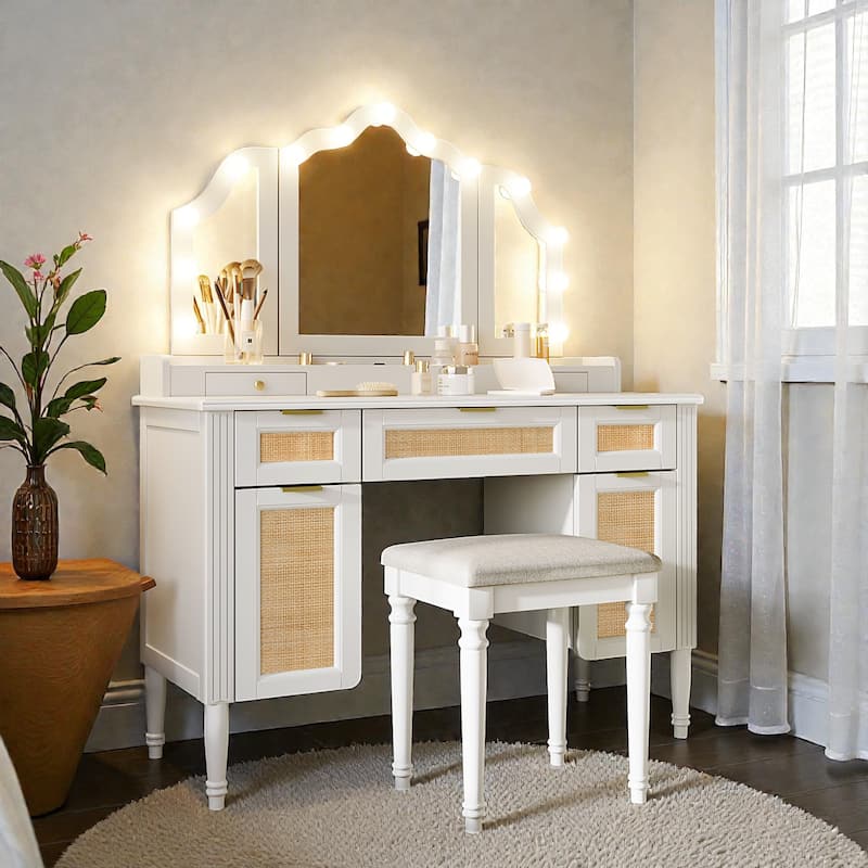 44.37" Makeup Vanity Desk with 13 Hollywood Bulbs, Tri-Fold Mirror, 5 Drawers and Charging Station