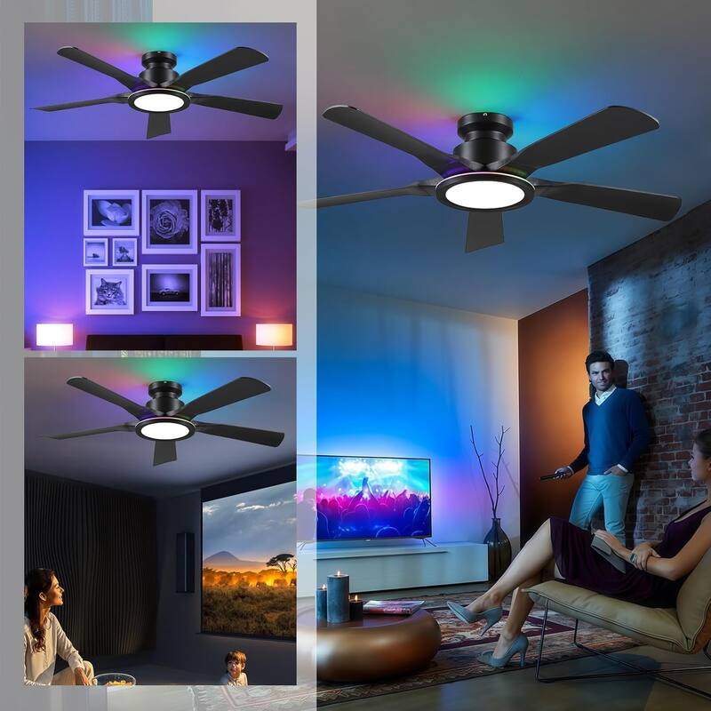 52 Inches RGB Flush Mount Ceiling Fan with Light,Reversible DC Motor for Bedroom Living Room Patio