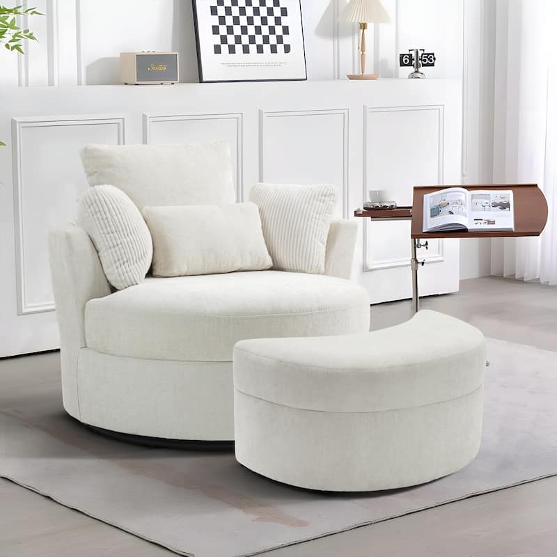 Upholstered Swivel Accent Chair with Wooden Tray Storage Ottoman