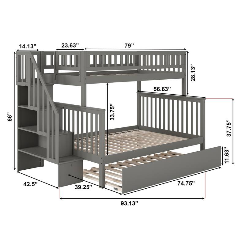 Woodland Staircase Bunk Bed with Twin Trundle in Grey