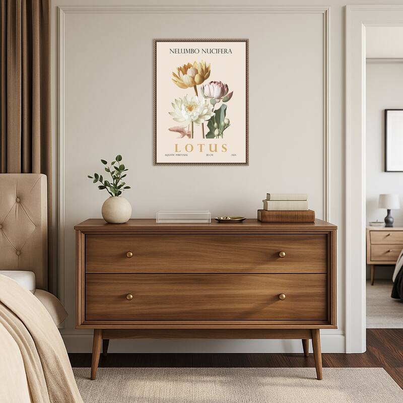 Vintage Botanical Lotus Illustration by Christopher Giampietro Framed Canvas Wall Art Print