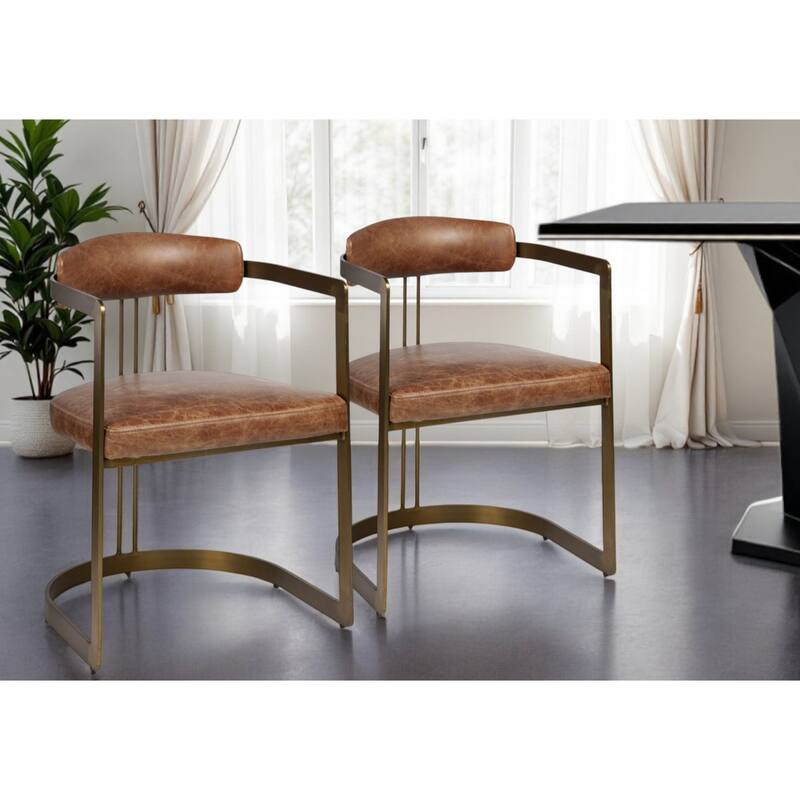Modern Brown Leather Dining Arm Chair with Gold Metal Legs and Open Back Comfortable Seating - 29.5”H x 22.5”W x 20”D