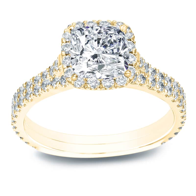 Auriya 1 3/4ctw Cushion Cut Halo Diamond Engagement Ring Set 14K Gold Certified - Yellow - 4.5