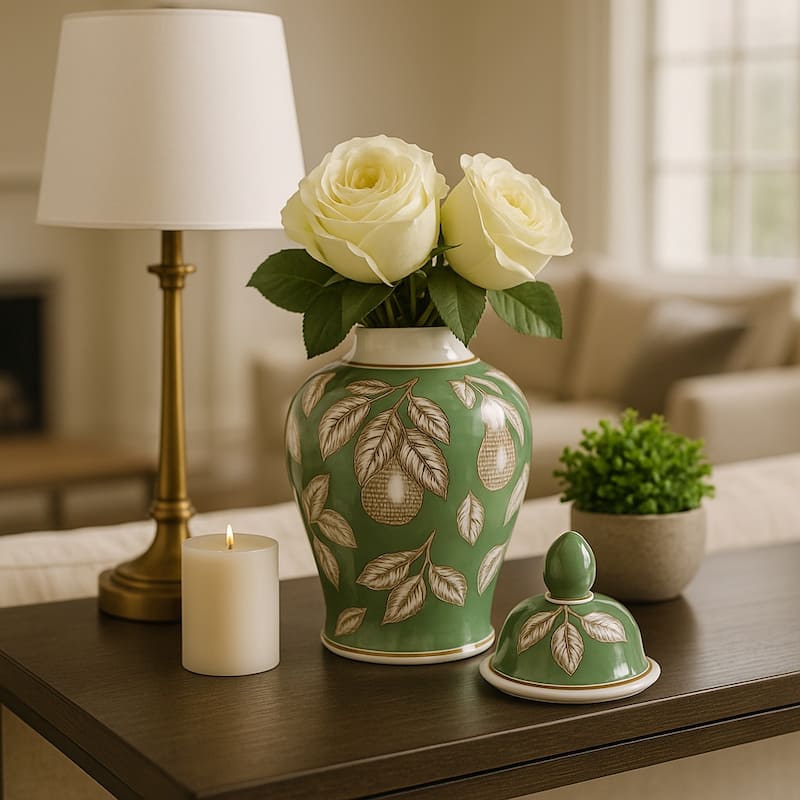 Decorative Bird and Flower Temple Jar with Lid