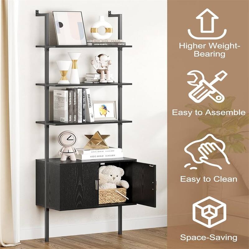 Ladder Bookshef with Cabinet Wall Mounted Bookcases - 13.8"D x 23.6"W x 72.8"H