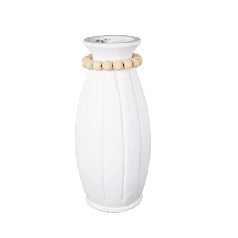 Magnesium Oxide Vase with Light Brown Beads and Carved Grooves - White - Roche River Decor