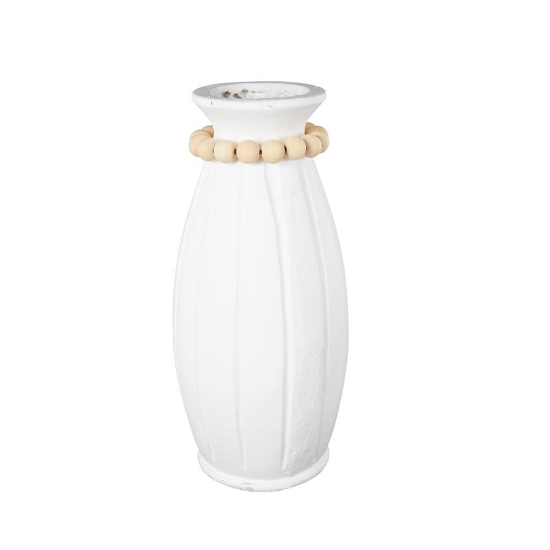 White Magnesium Oxide Decorative Vase with Light Brown Beads and Carved Grooves