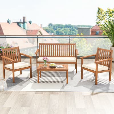 4 PCS Patio Wood Furniture Set Outdoor Wood Sofa Set w/Cushions