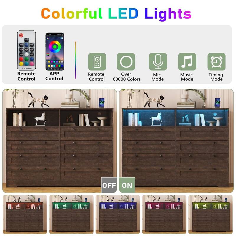 8 Drawers Wooden Dressers for Bedroom Living Room, Hallway, Wood Dressers with Led Lights and Charging Station