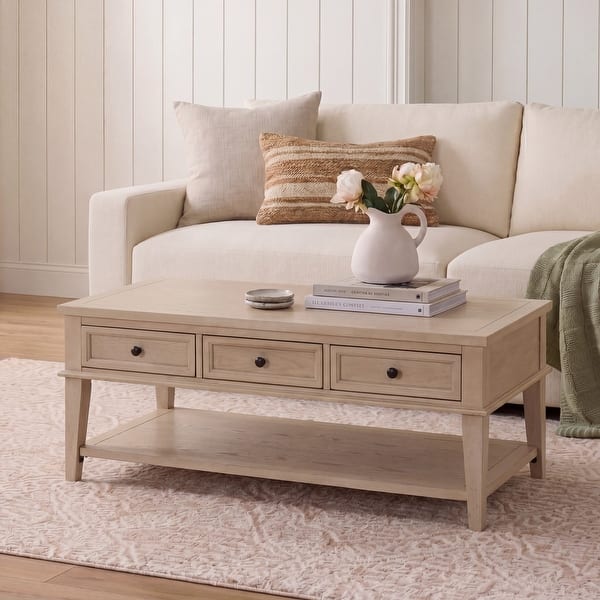 slide 2 of 12, SAFAVIEH Manelin White Washed Coffee Table With Storage Drawers - 54" W x 23.6" D x 19.3" H