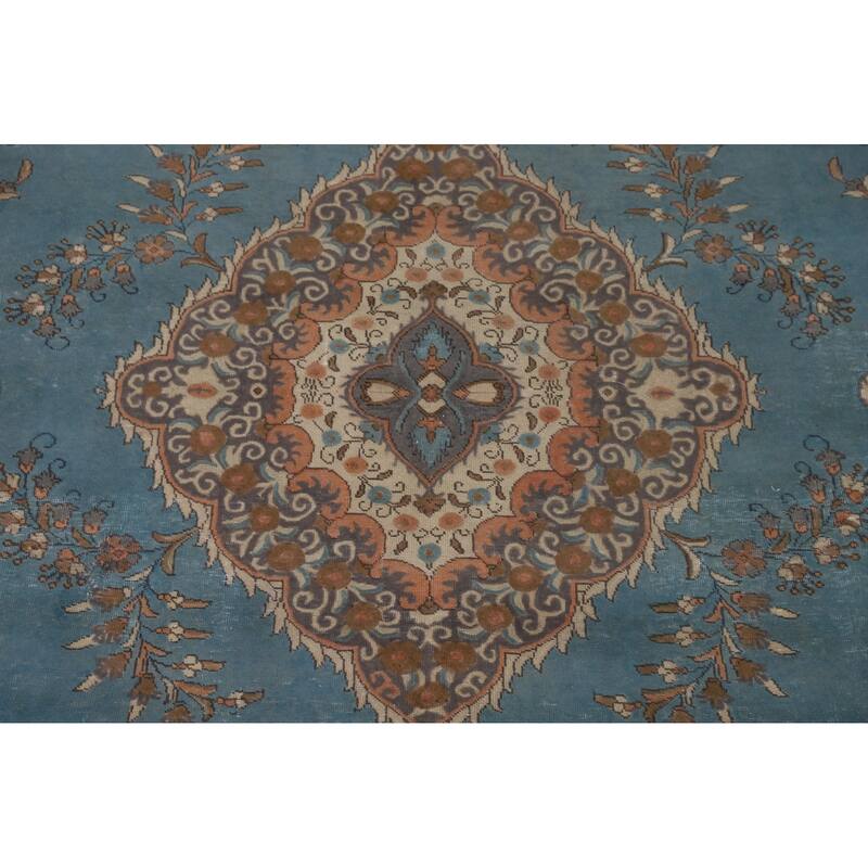 Over Dyed Tabriz Persian Vintage Rug Handmade Blue Wool Carpet - 9'10"x 12'11"