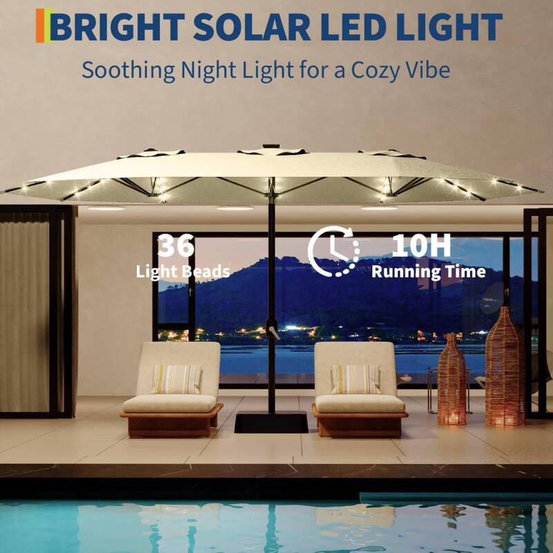 15FT Double-Sided Patio Umbrella with with LED and Base Included for Pool Lawn Garden