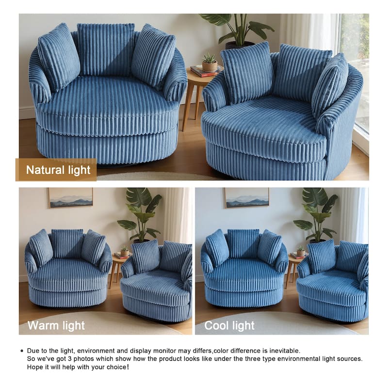 2 Set Oversized 43" W Plush Corduroy Swivel Barrel Chair with Pillows