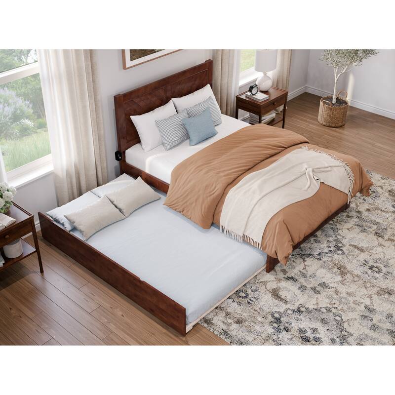 Full Platform Bed with Trundle - Modern Beachy Style Bed Frame - Walnut Finish - Headboard Footboard Included